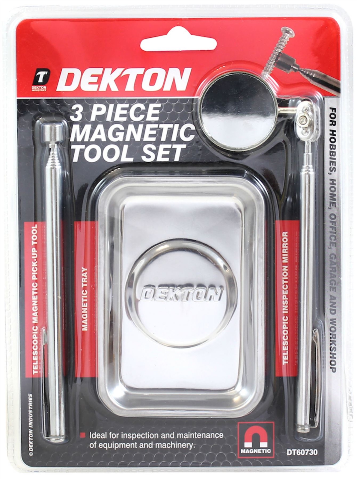Dekton 3pc Kit Magnetic Steel Tray Telescopic Pickup Tool Inspection Mirror Set
