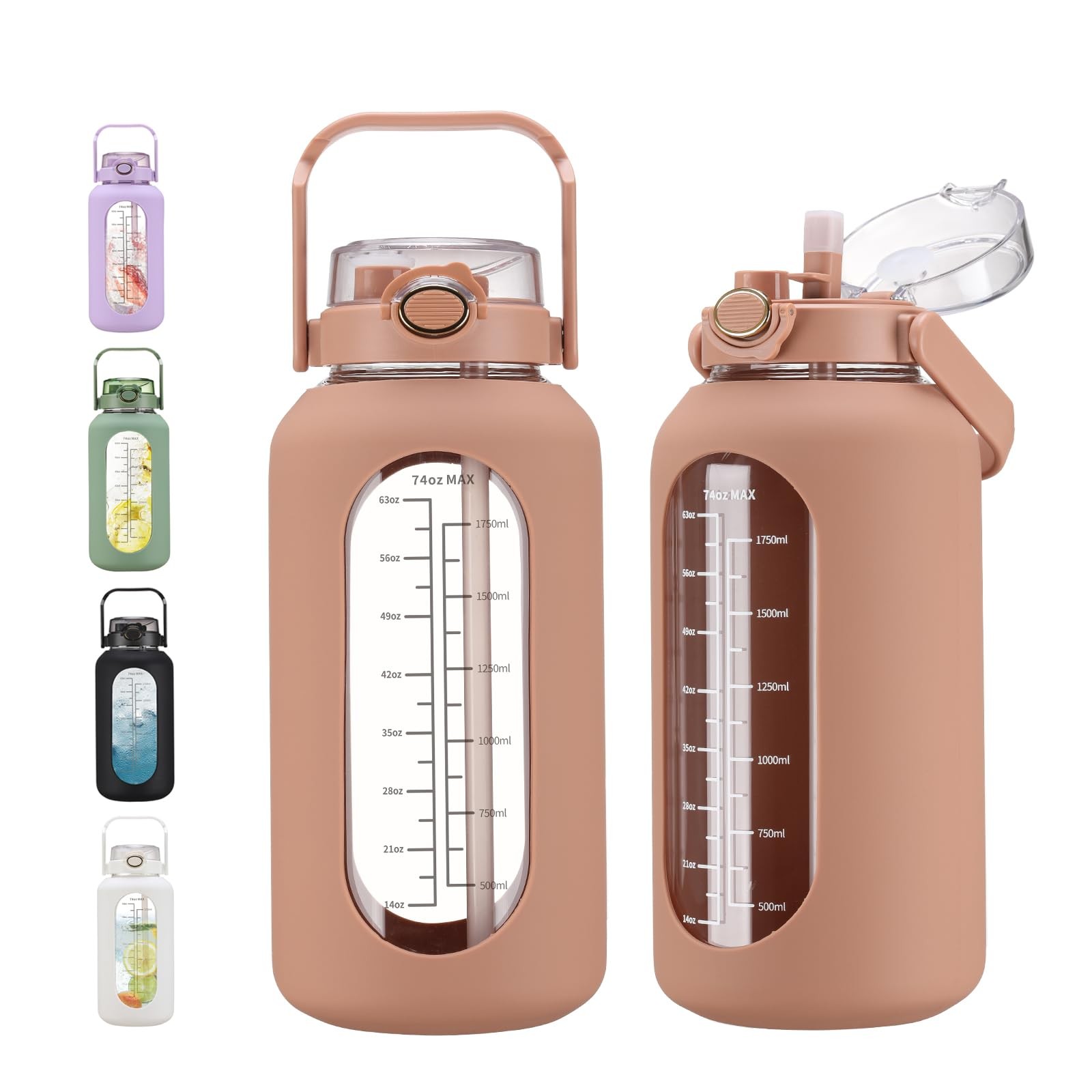 chunmo 74 oz Glass Water Bolttles with Straw Large Motivational Water Bottle ...
