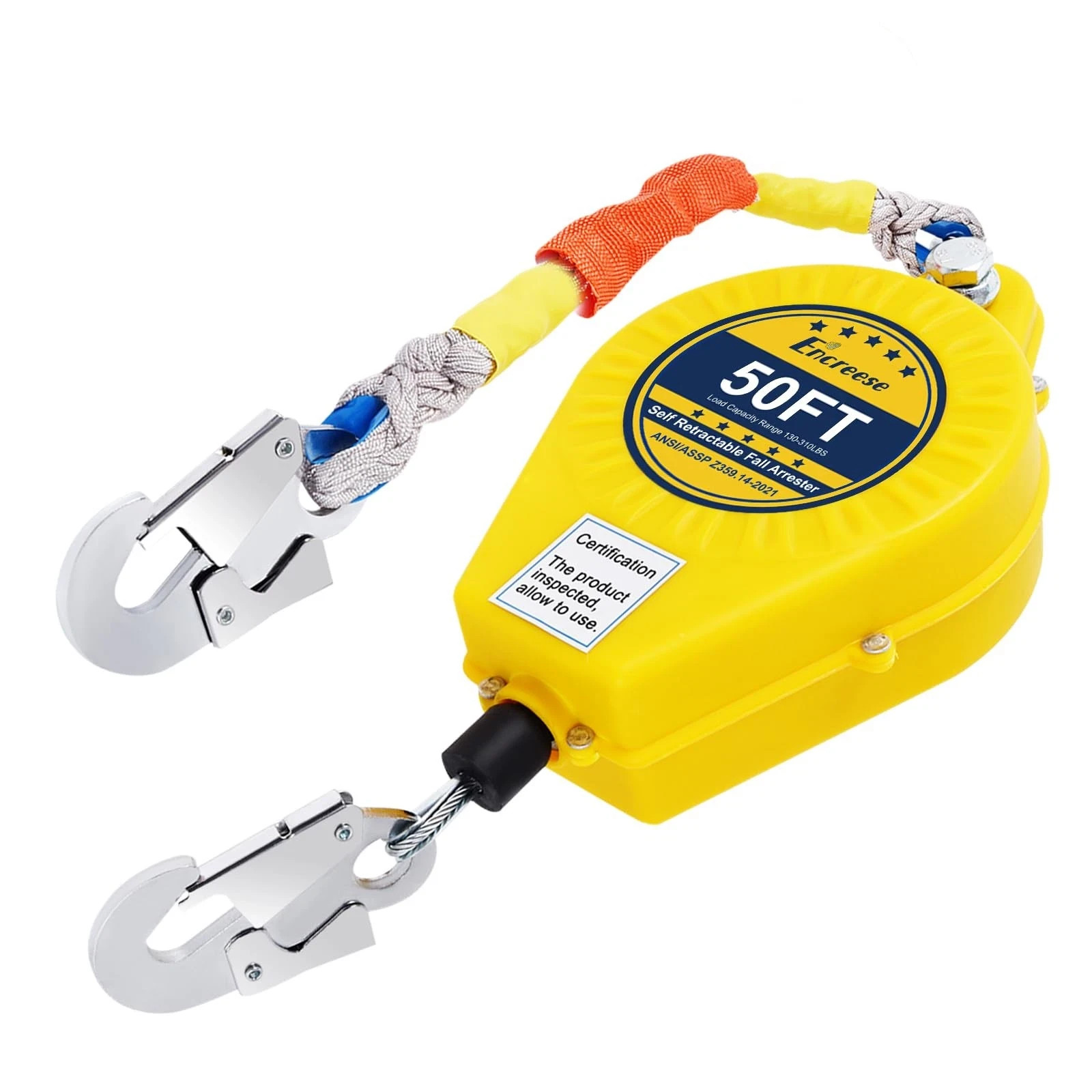 Self Retractable Lifeline Fall Protection Arrester 50FT Yellow