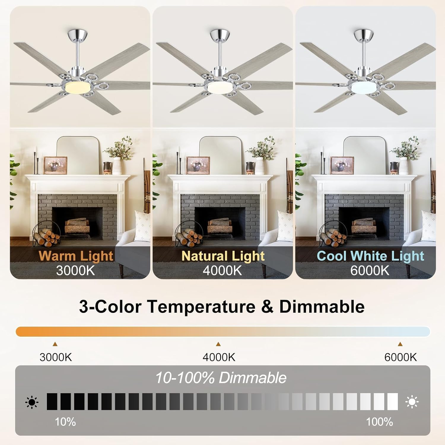 64" Modern Ceiling Fan with Remote, Dimmable Light & 6-Speed Motor