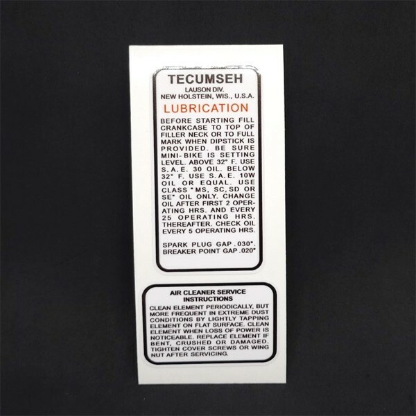 MINI-BIKE Specific TECUMSEH ENGINE SERVICE DECALS, Vinyl STICKERS