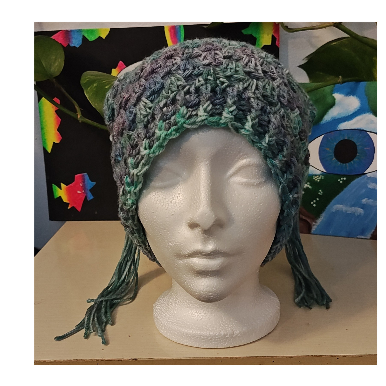 Handmade Crocheted Jester Hat with Tassels Teal Gray Purple Variegated