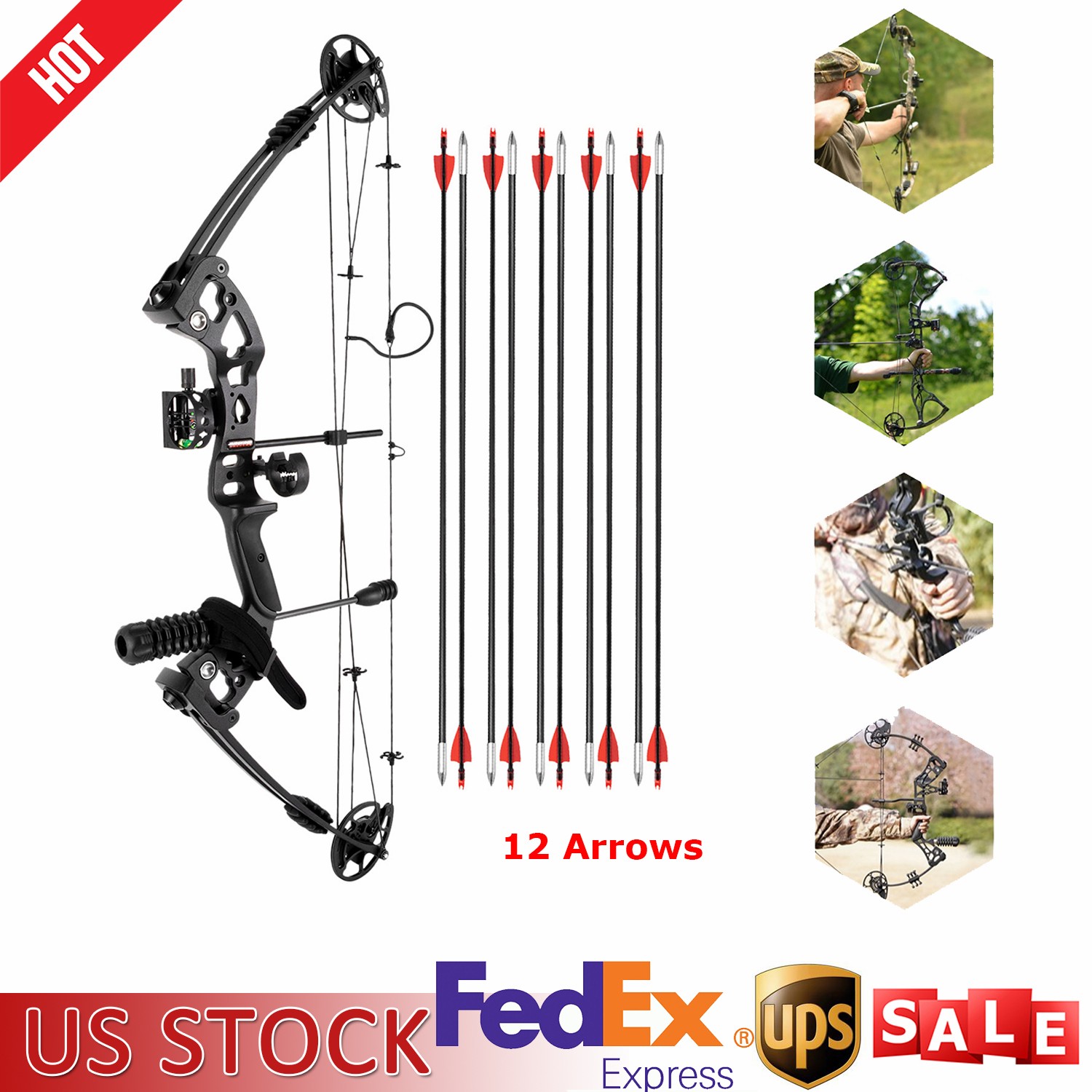 Compound Bow Kit with 12 Arrows Right Hand Archery Hunting Set Black 30-55lbs