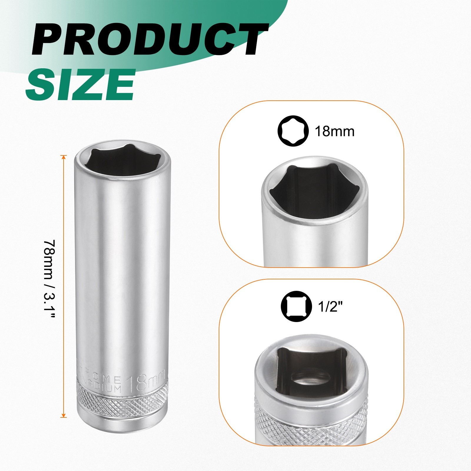 3pcs 6 Points Deep Socket 1/2" Drive 18mm Nickel Plating Hex Socket 3.1" Long