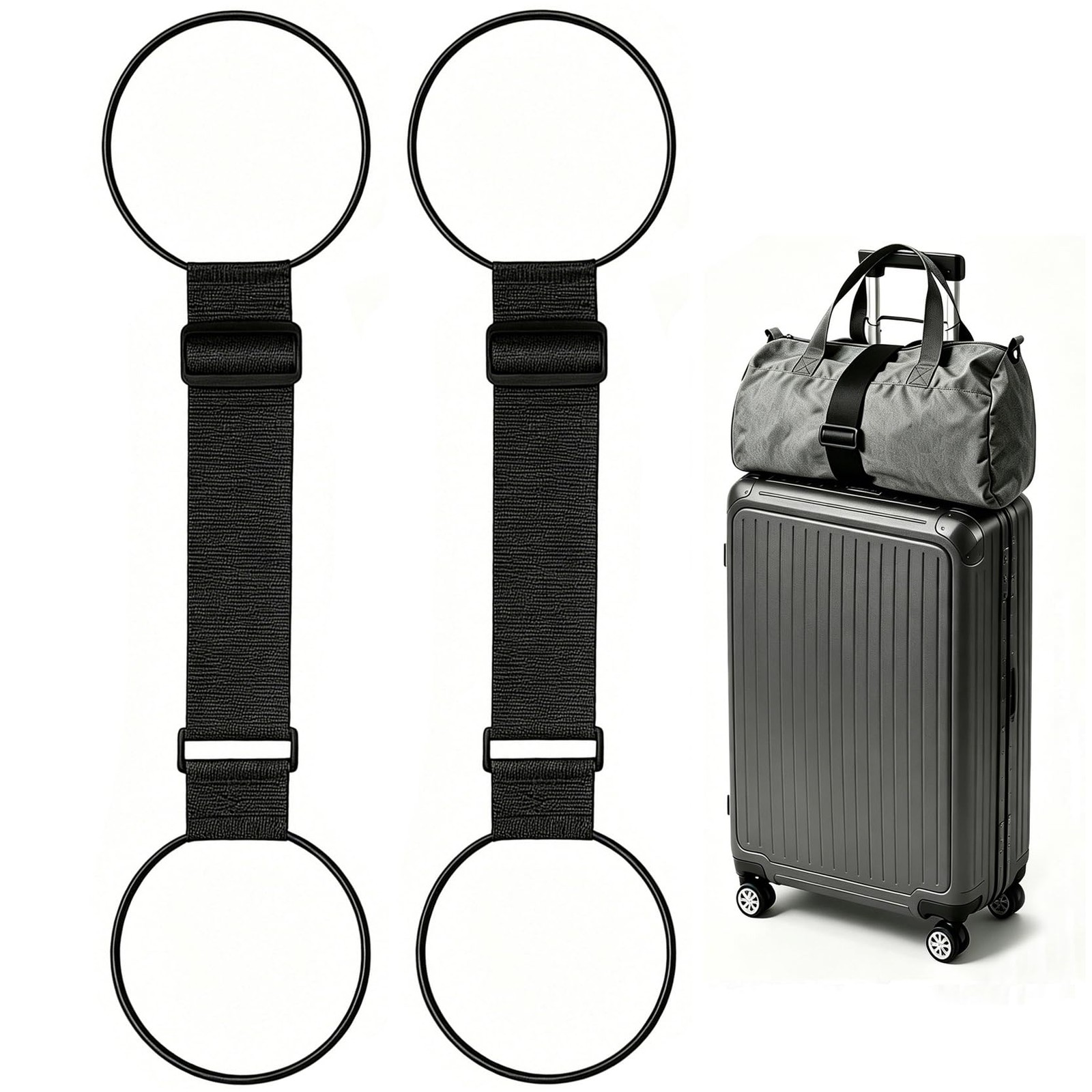 2 Black Luggage Straps for Suitcases Adjustable Connector Elastic Loop Handbag