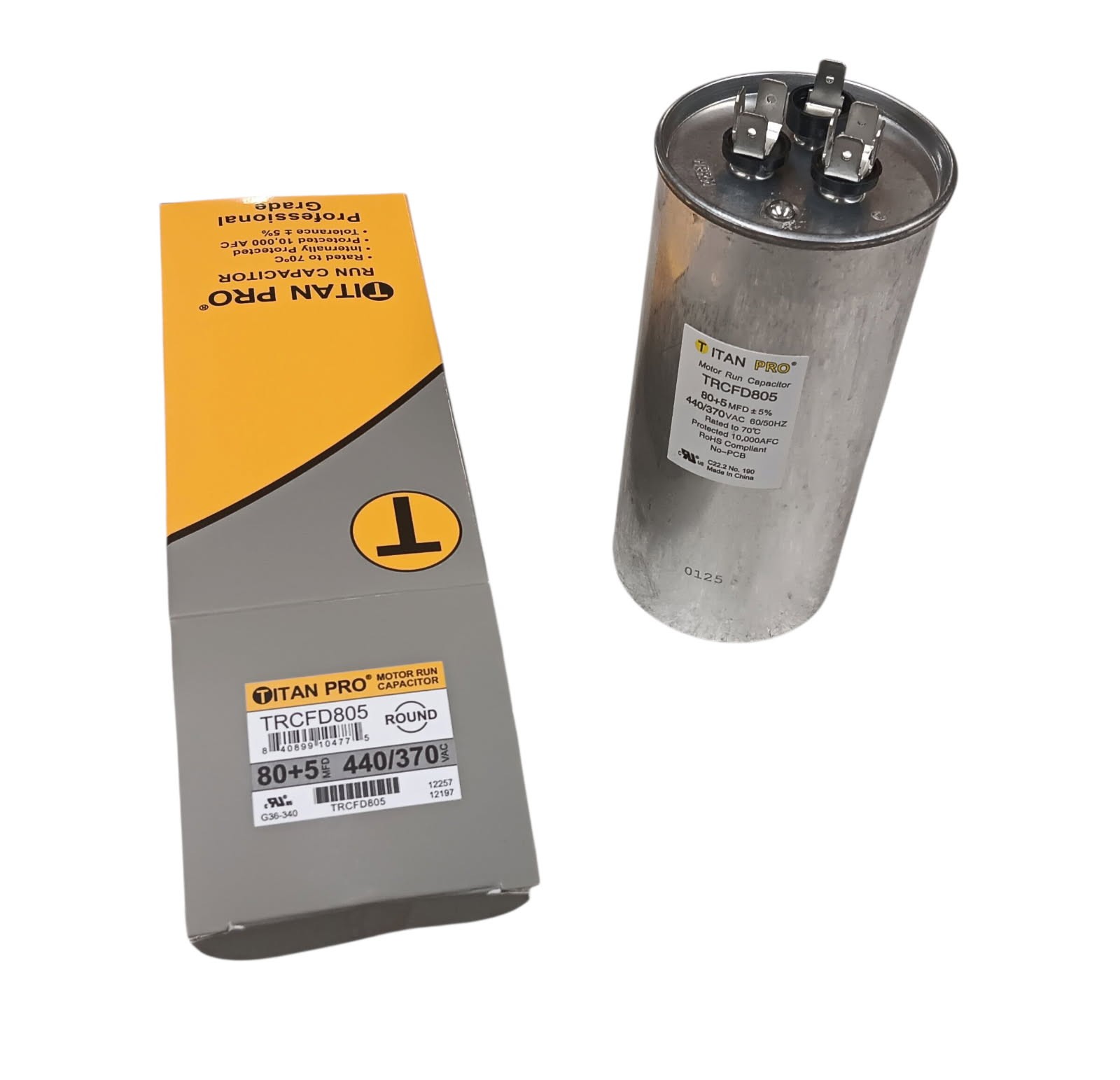 Packard Titan Pro Run Capacitor, Round, 80+5 Mfd, 370V-440V, TRCFD805