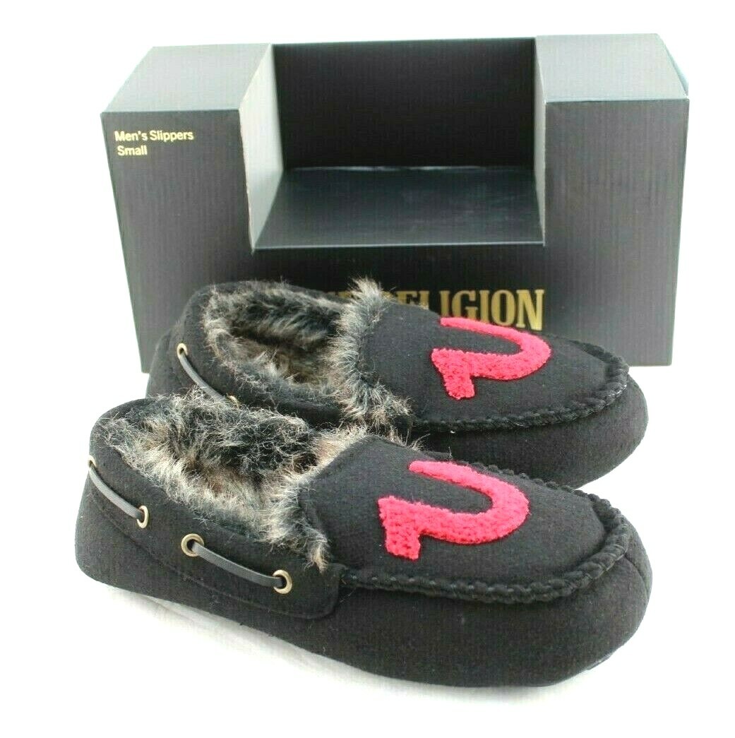 New TRUE RELIGION Size S 7-8 Black / Red Faux Fur Lined Men's Moccasins Slippers
