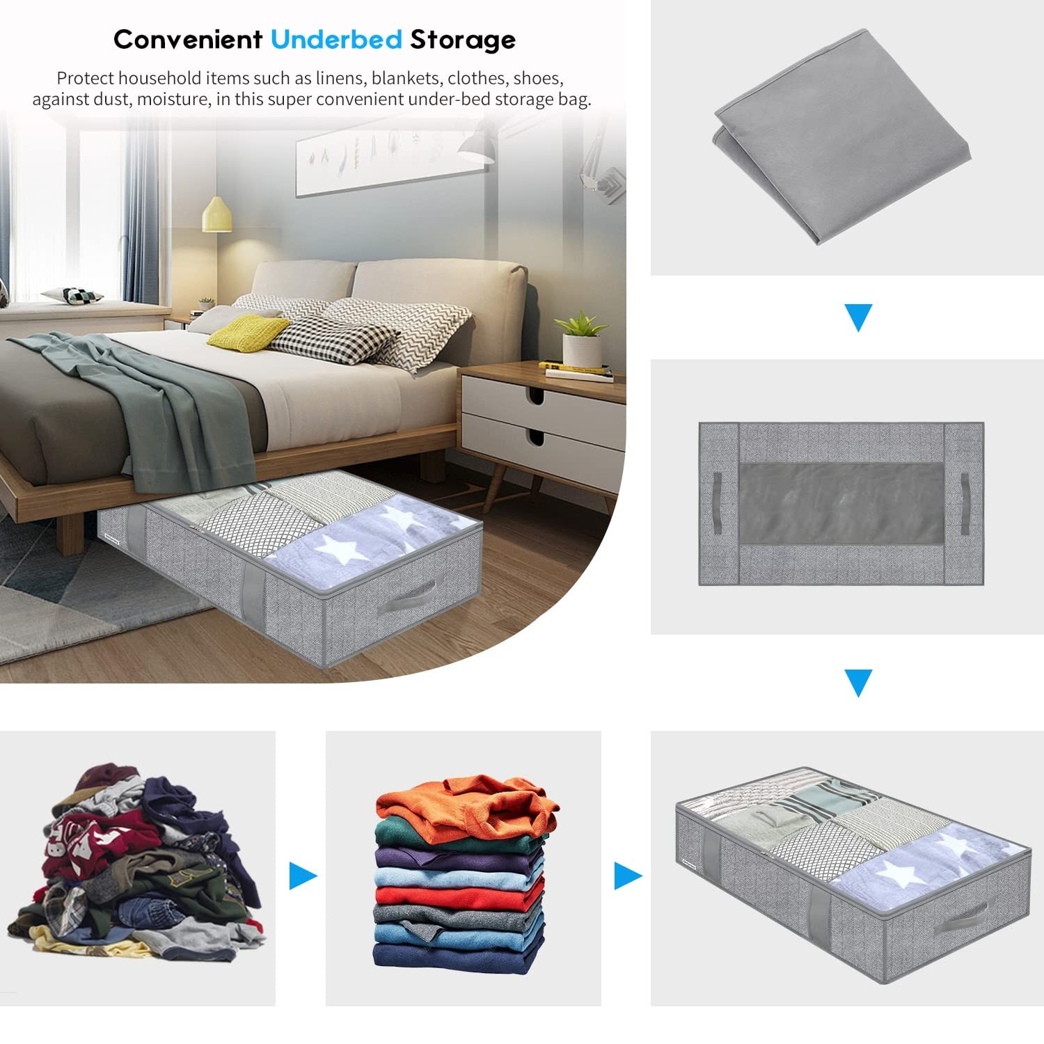4 PCS 7MXRUBBP4 Herringbone Grey Foldable Fabric Underbed Storage Bags Bins