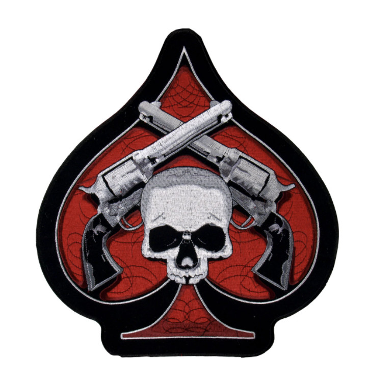 11" SKULL AND PISTOLS RED SPADE EMBROIDERED JACKET PATCH