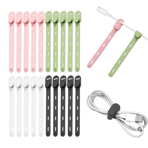 20Pack Silicone Cable Ties - [4 Adjustable Holes] Elastic Reusable Multicolor