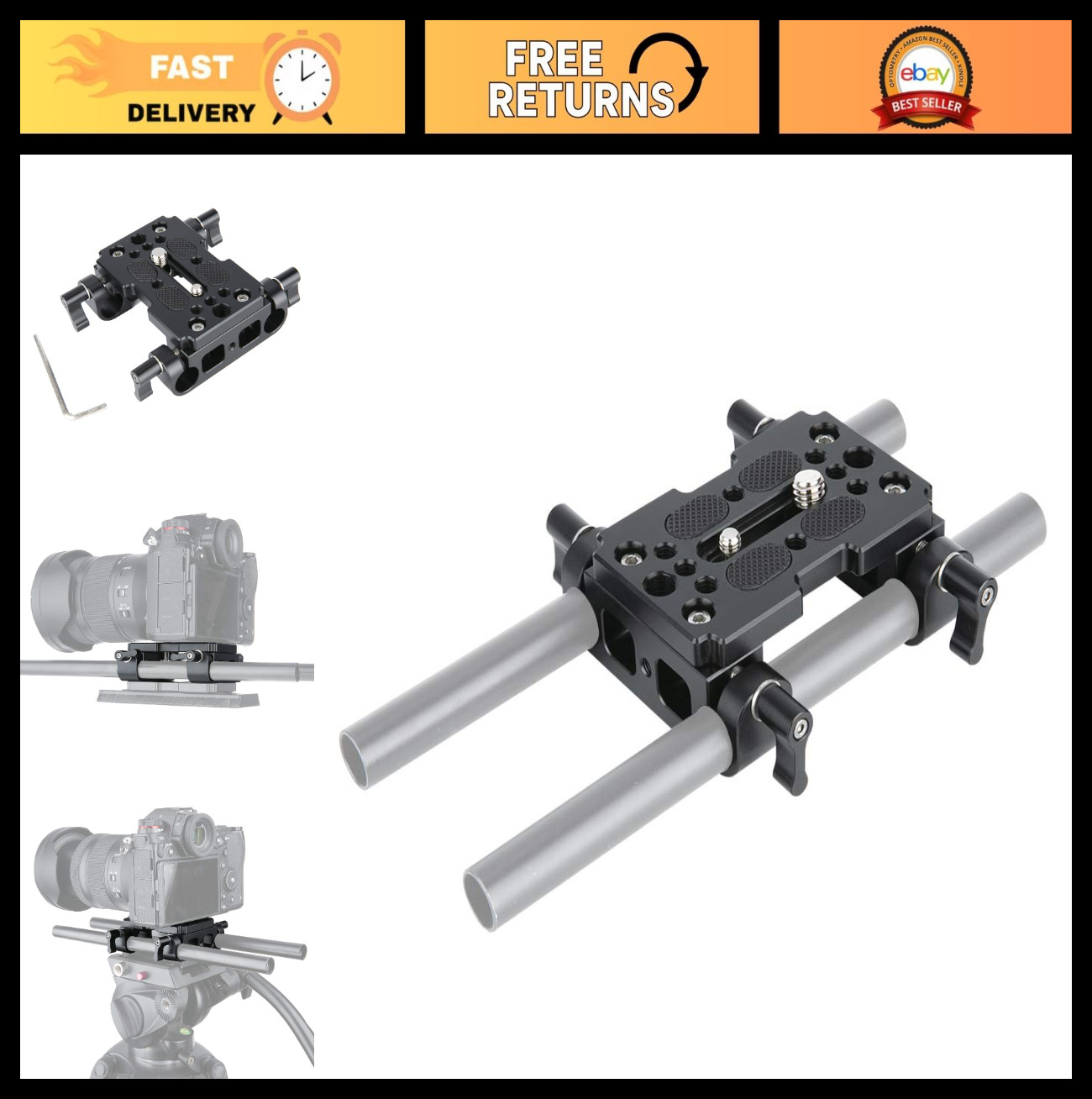 15mm Rod Clamp Tripod Mounting Plate for DSLR Rig Cage & Railblock Support