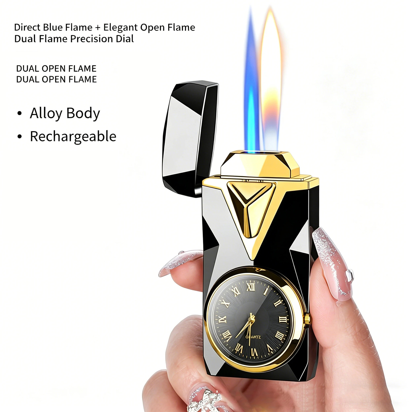 2-in-1 Dual Flame Butane Lighter with Quartz Watch Windproof Luxury Metal..