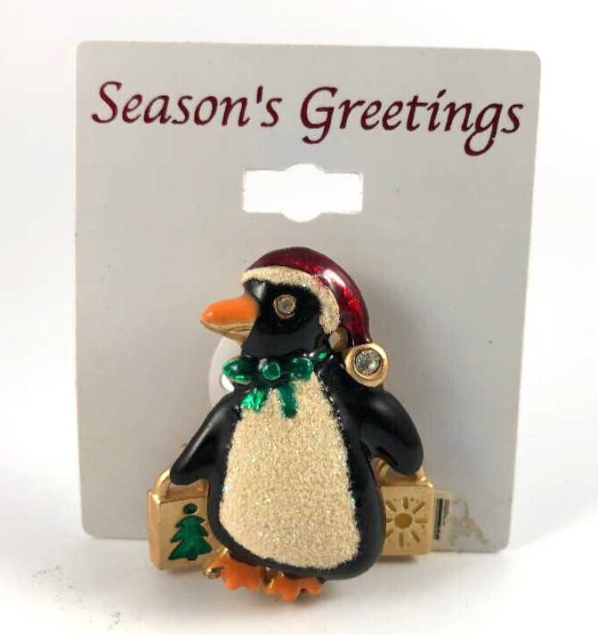 Christmas Penguin Brooch Pin With Dangling Gift Bags Enamel Goldtone Rhinestones