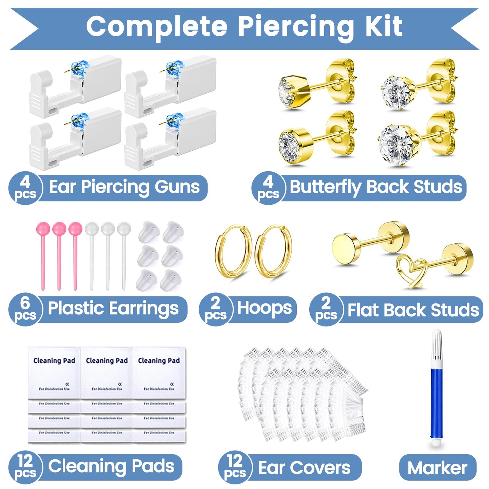 40Pcs Ear Piercing Kit, 4 Disposable Piercing , Gold Plated
