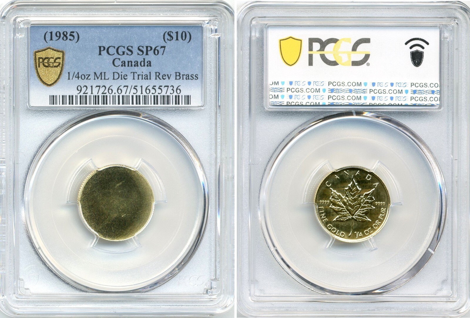 DIE TRIAL (1985) Canada 1/4 oz $10 Gold ML Brass Reverse - PCGS SPECIMEN 67