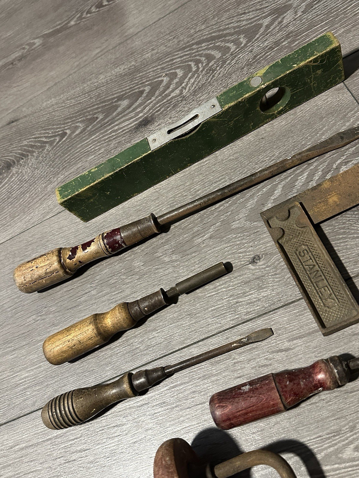Antique Vintage Carpenters Tools Stanley Square Level Brace Screwdrivers