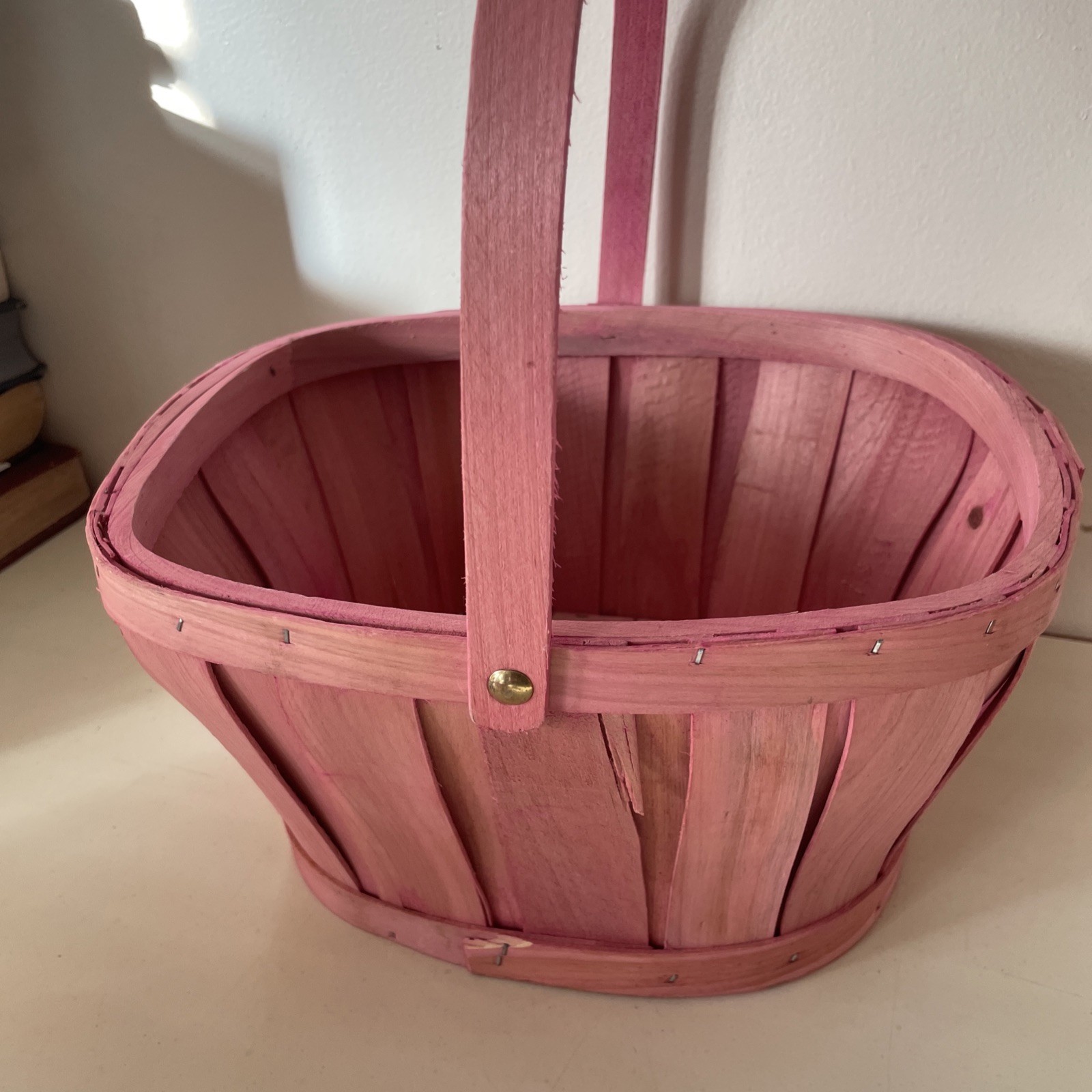 Rose Pink Chip Wood Basket. 13” H X 12” L X 9.75” W. Rustic Look. NWOT.