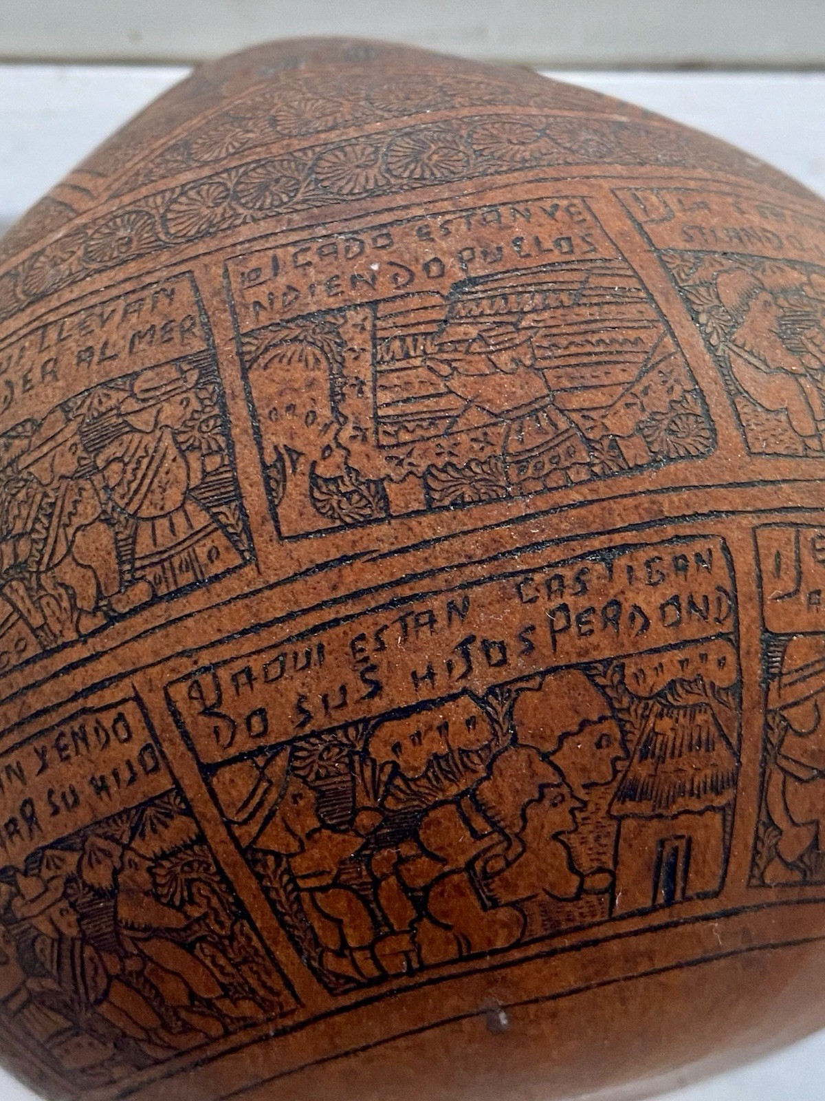 Vtg. Handcrafted Carved Peruvian Gourd Village Life