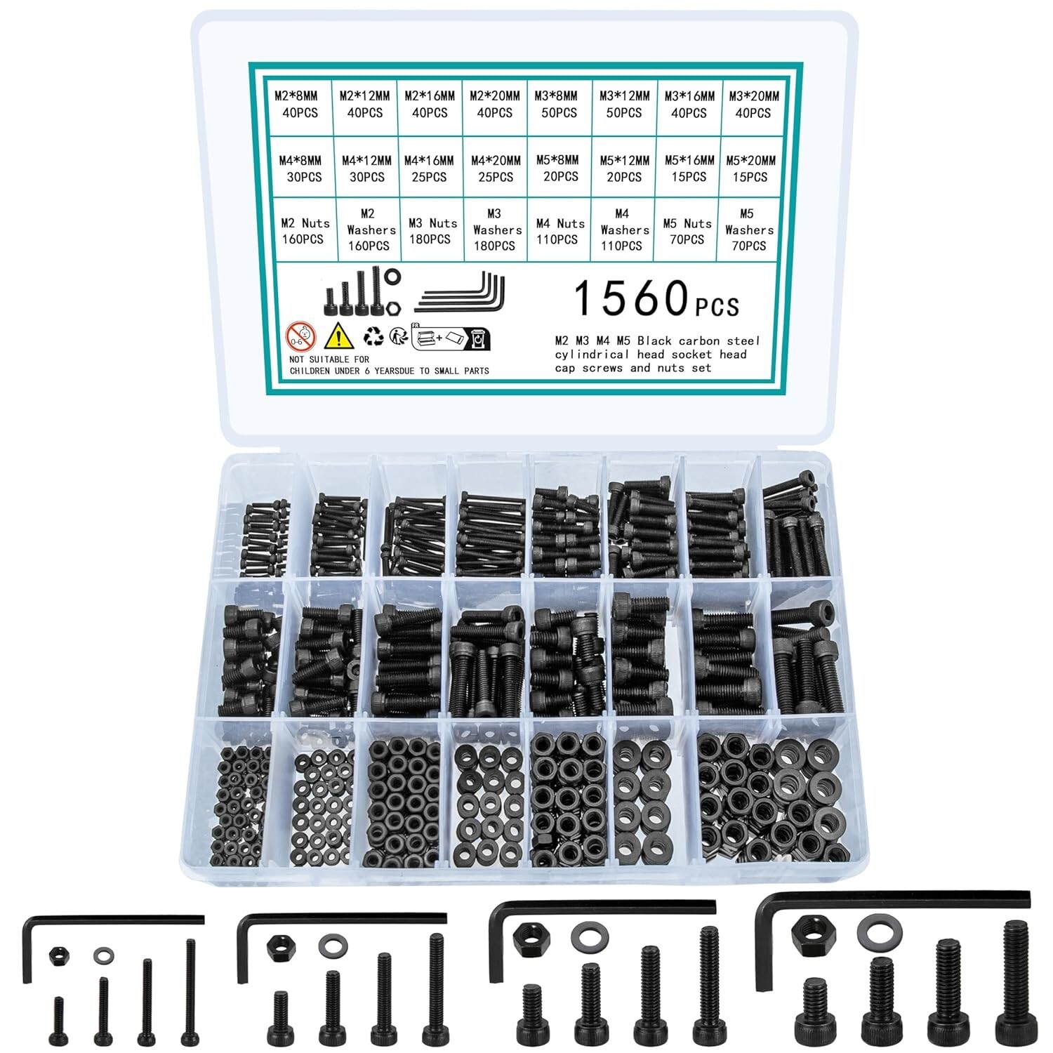 1560PCS M2 M3 M4 M5 Screws Bolts and Nuts Assortment Kit Hex Socket Head Cap Kit
