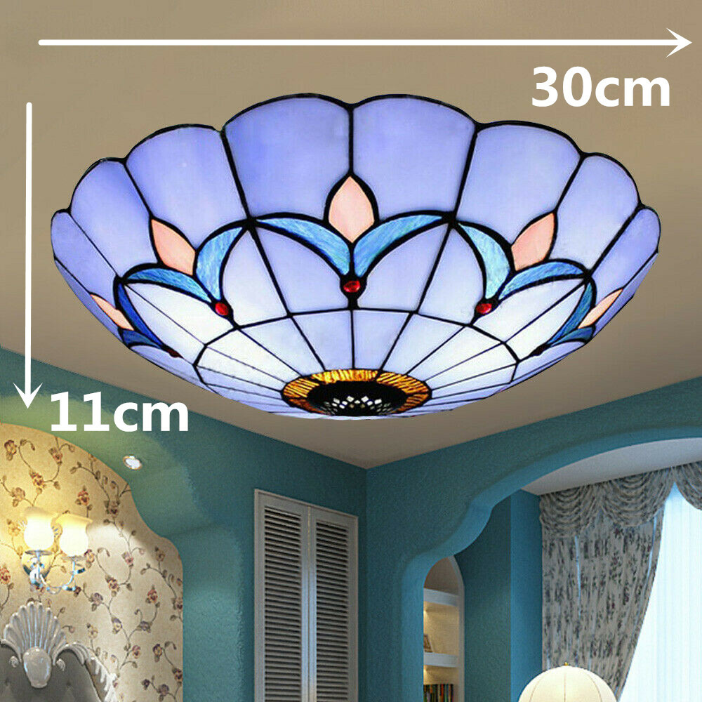 NEW 12" Tiffany Style Stained Glass Flush Mount Ceiling Light Vintage Fixture