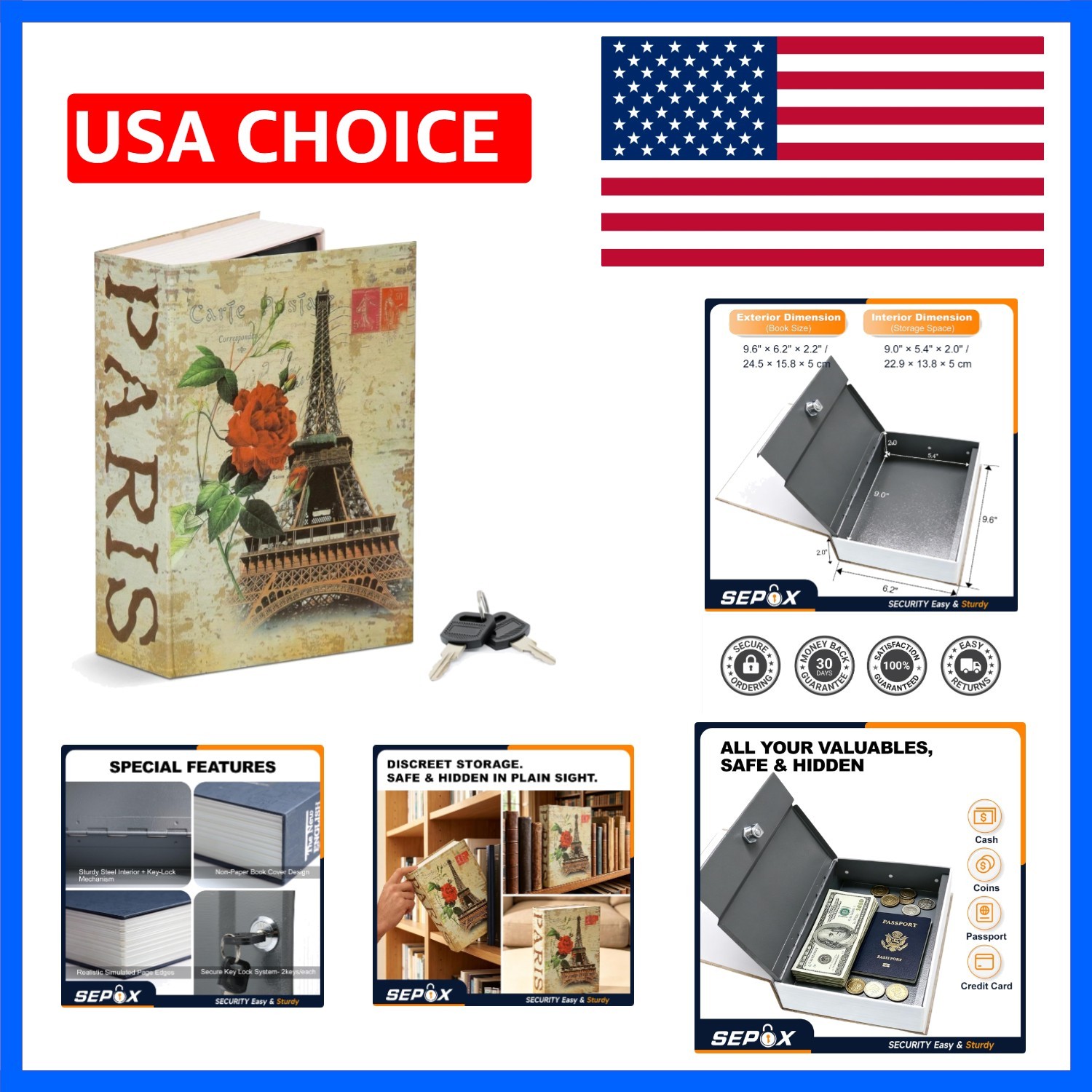 Diversion-Safes Portable Book-Safe Box with Key-Lock 5.6"D x 9"W x 1.6"H Hidd...