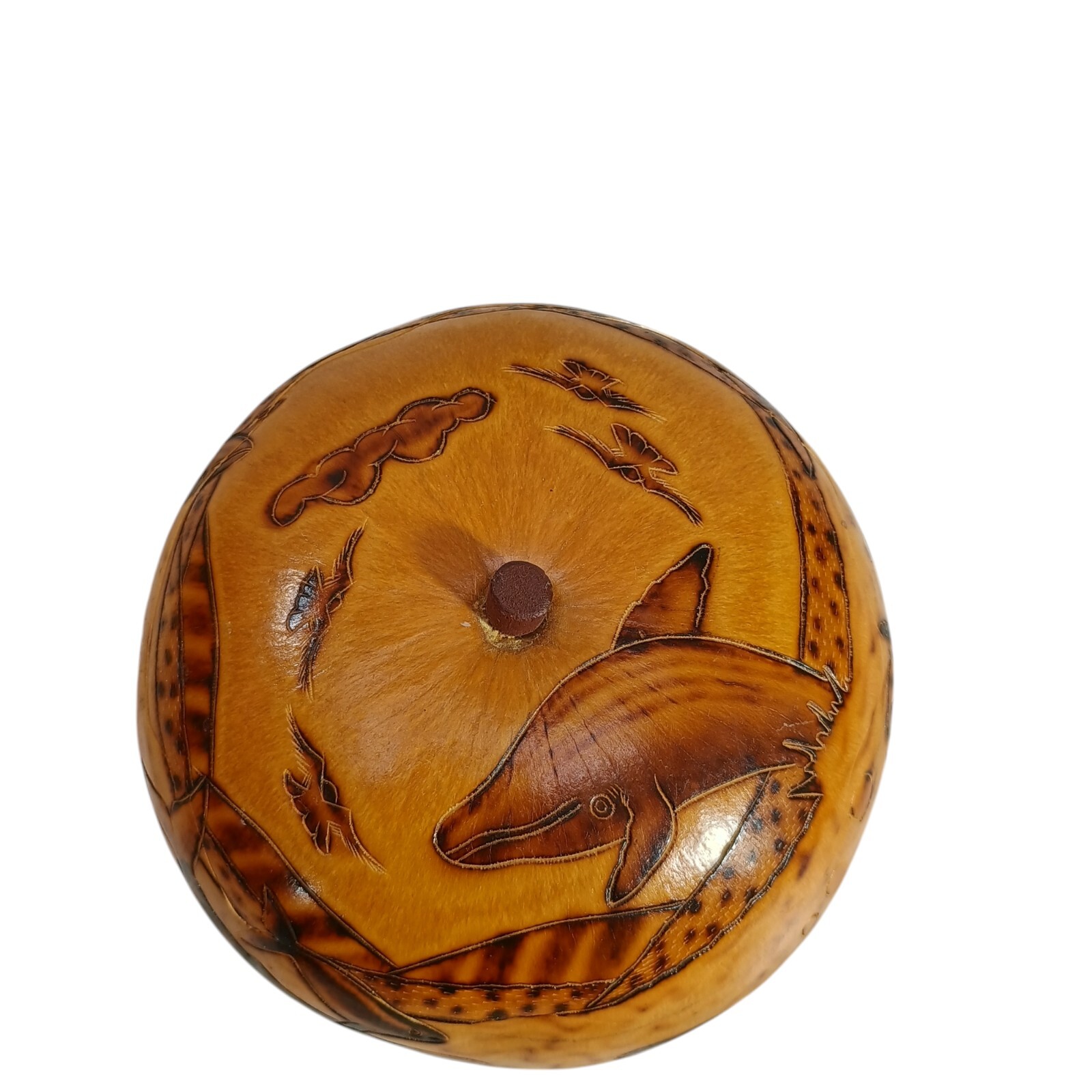 Peruvian Style Hand Carved Gourd with Lid Fish 5" Aquatic Theme