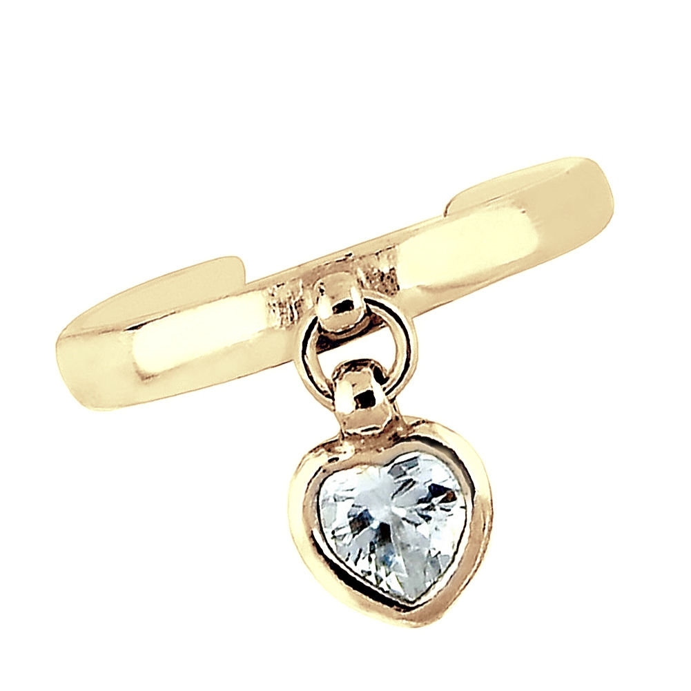 14k Solid Yellow Gold Dangle Heart Cubic Zirconia Toe Ring Adjustable