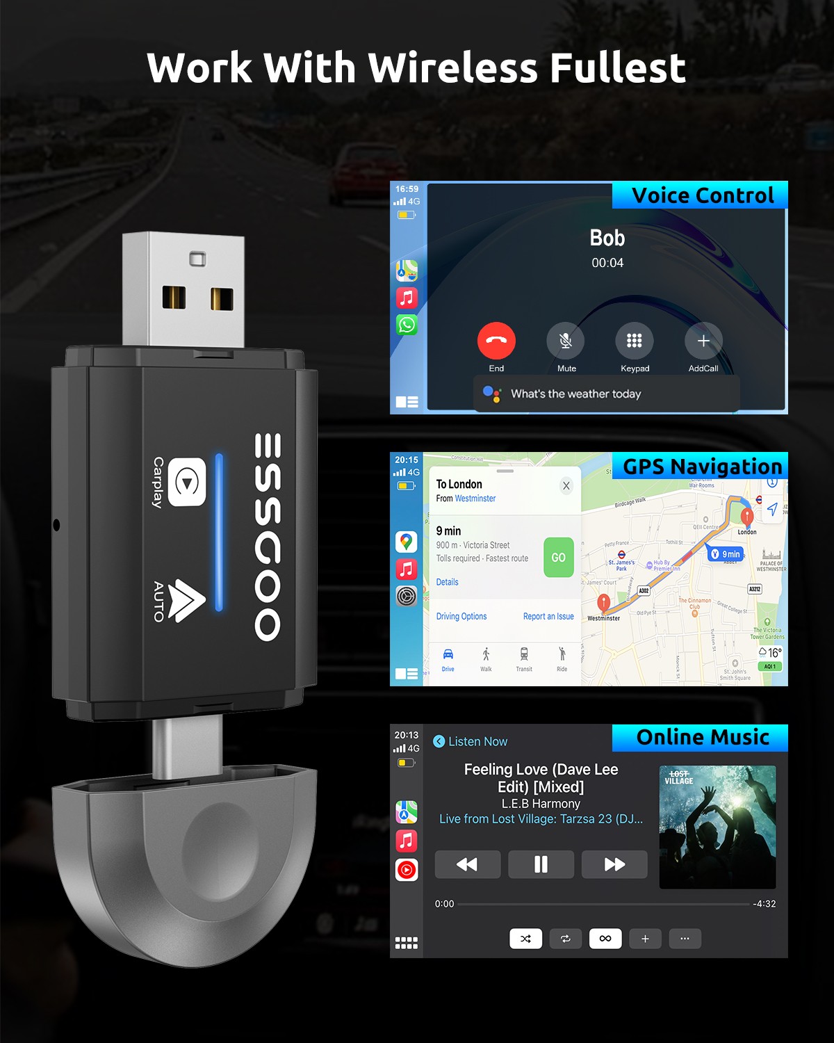 Mini Adapter Wireless CarPlay+Android Auto Adapter USB Plug & Play Navigation