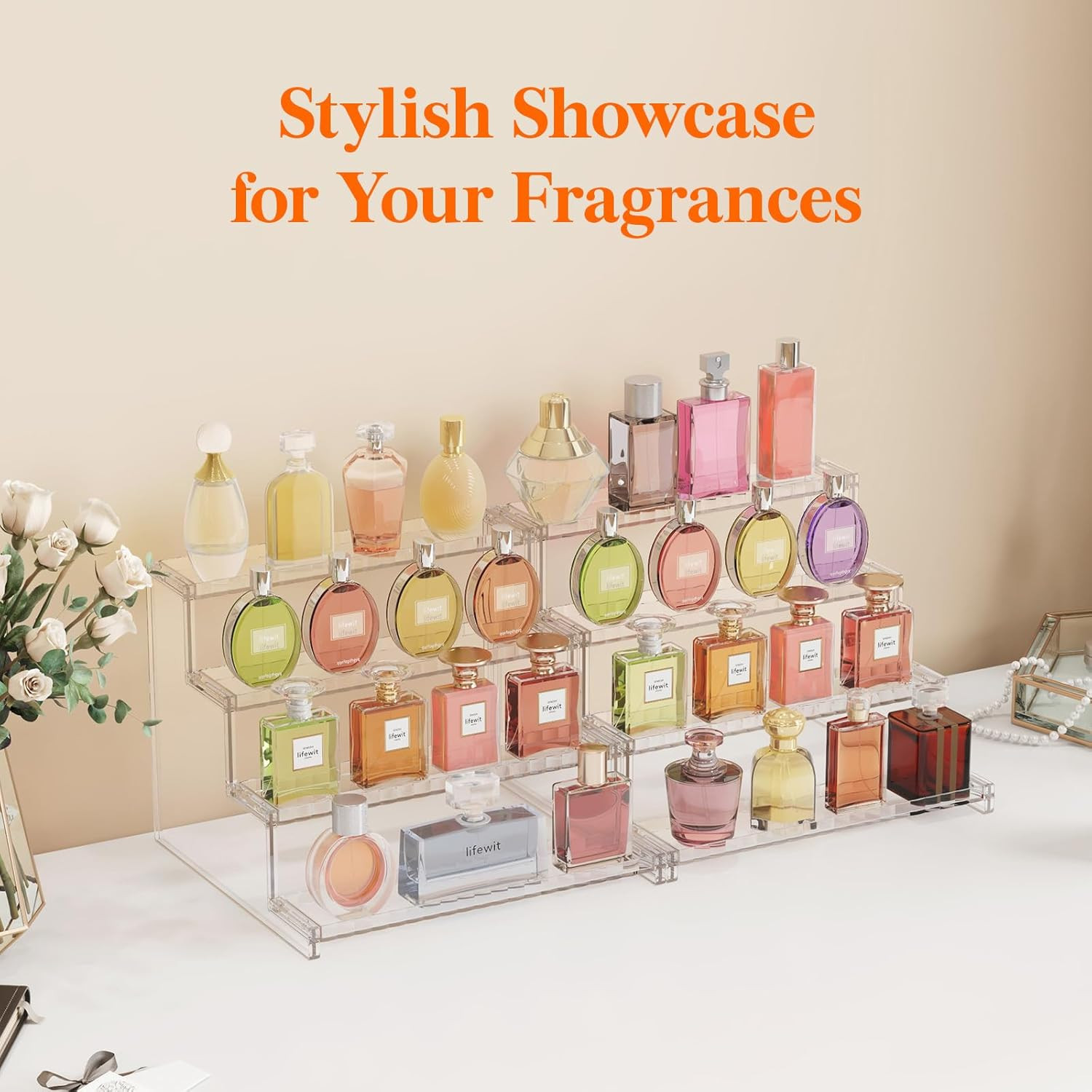 4 Tier Clear Display Riser Stand with Decorative Secure Fences, Tool-Free Assemb
