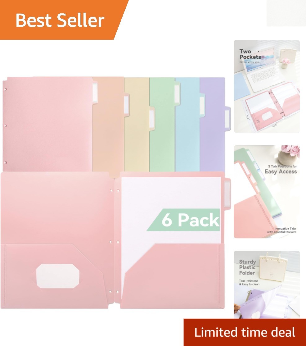 6-Pack Pastel Plastic Folders with 1/3 Cut Index Tabs for Quick Document Access