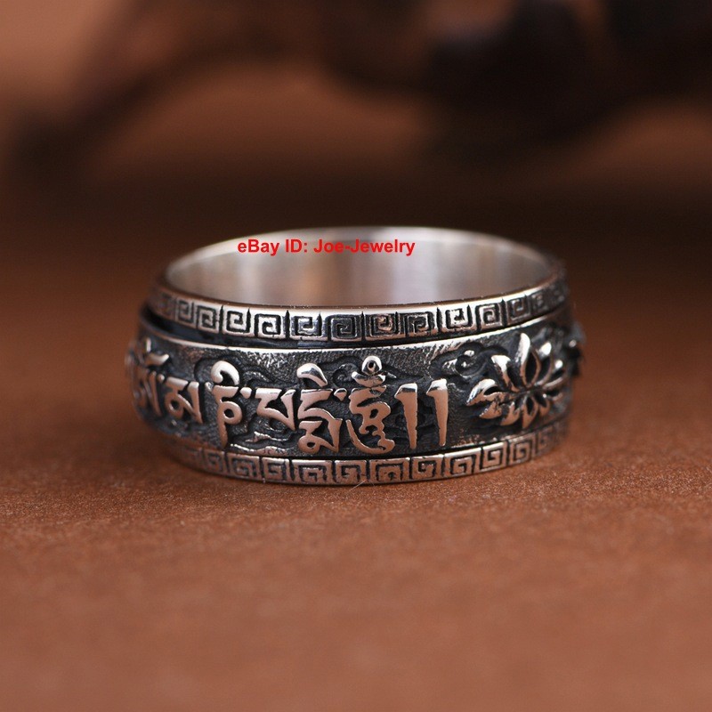 NEW Solid 925 Sterling Silver Men's Ring Buddhist Sutra Rotatable Ring Size 10