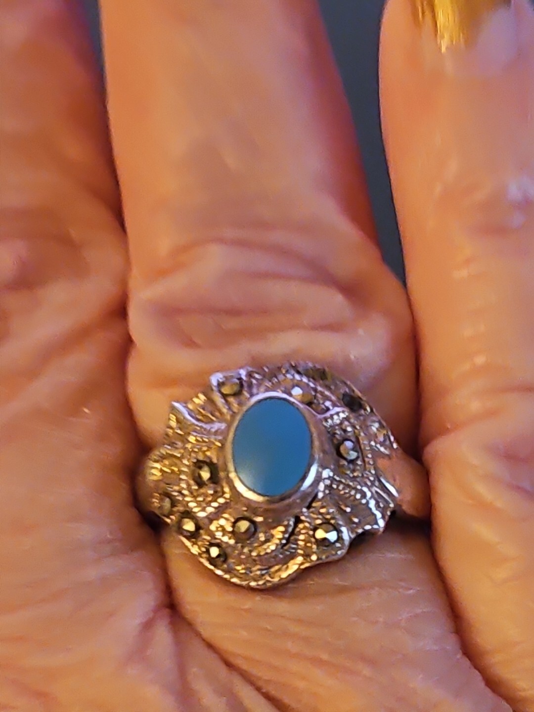 Silver Marcasite Blue Ring Size 8.25