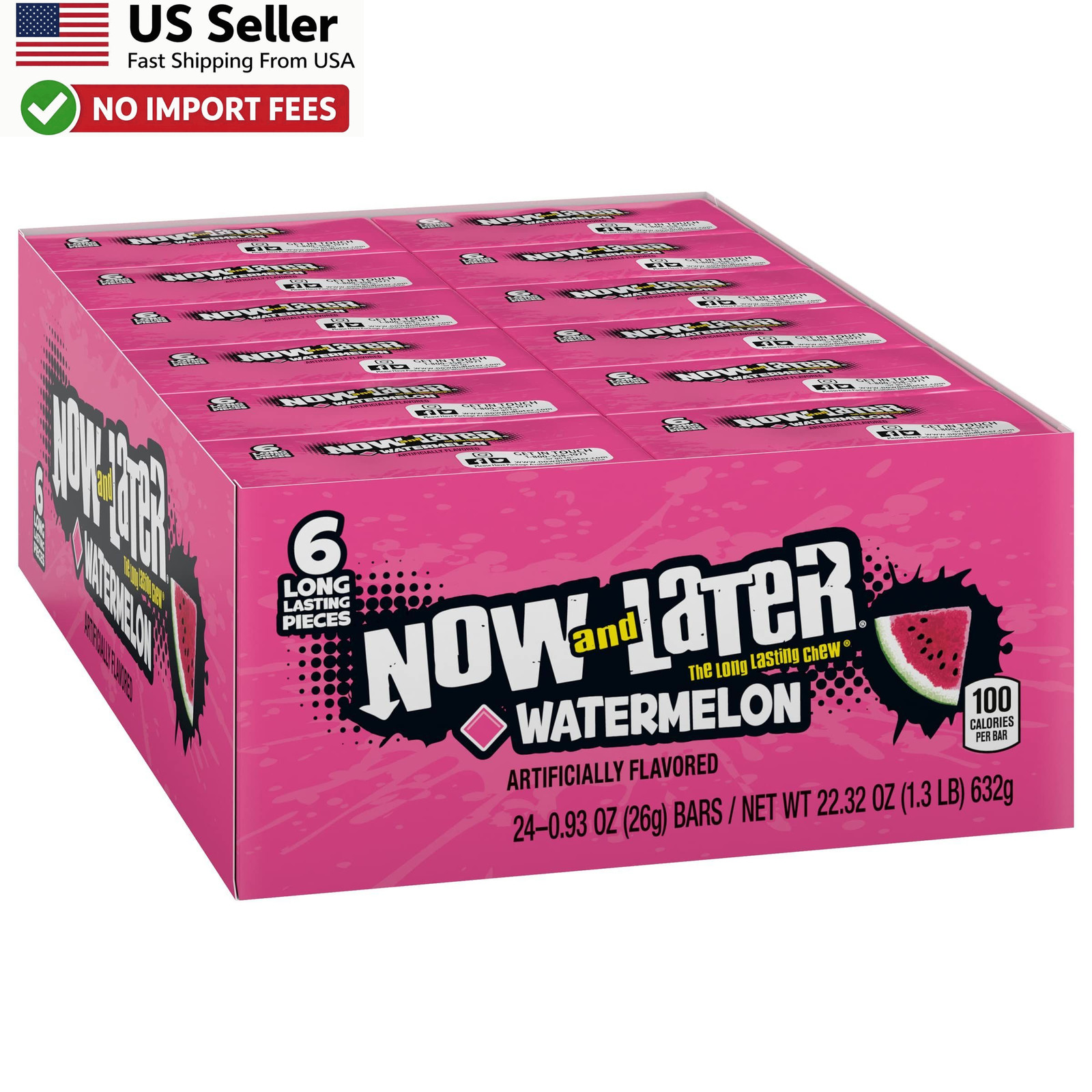 Now and Later Watermelon Candy 0.93 oz Bars 24 Pack Chewy Taffy - FROM USA
