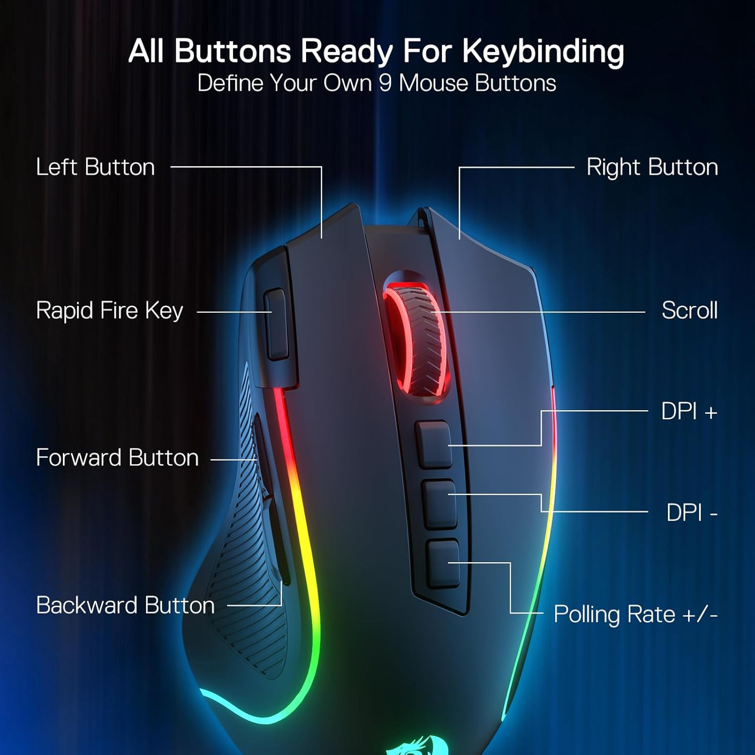 M612 PRO RGB Gaming Mouse, 8000 DPI Wired/Wireless Optical Mouse with 9 Programm