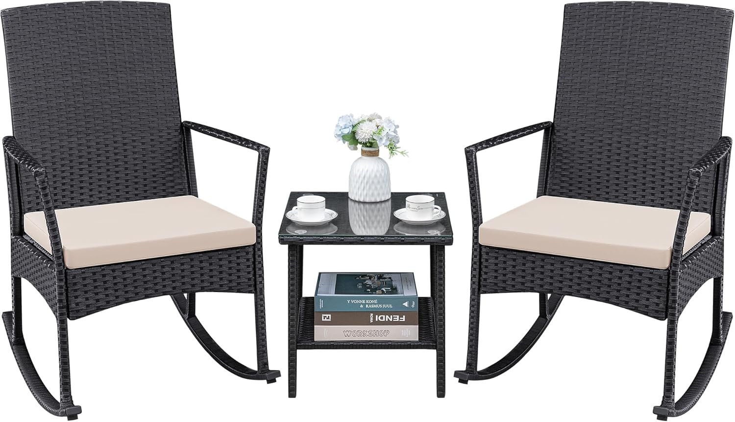 3 Pieces Patio Furniture Set Outdoor Wicker Rocking Chairs with Glass Coffee Tab