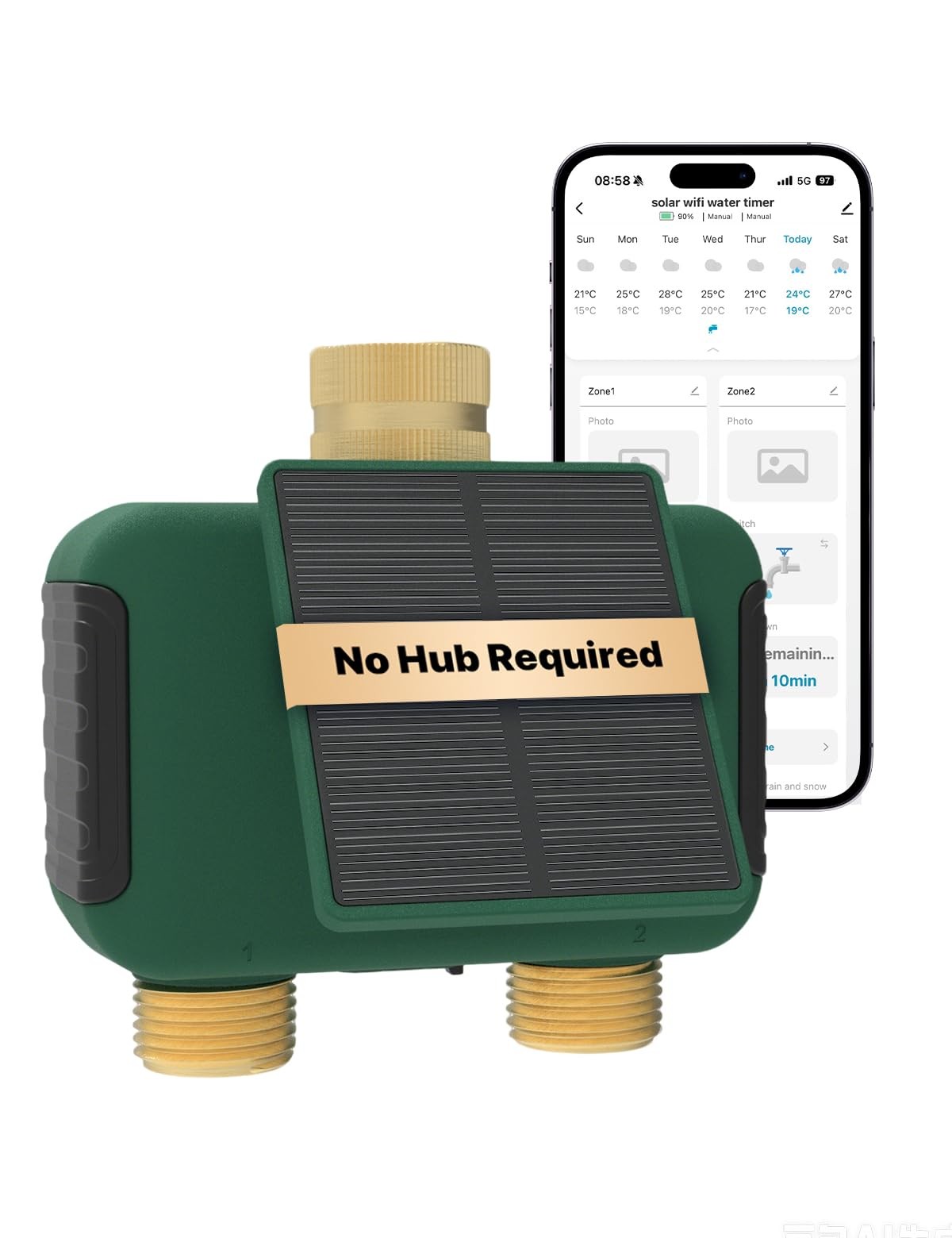 MOES Solar WiFi Hose Timer, 2-Zone Sprinkler Water Brass Fittings Green