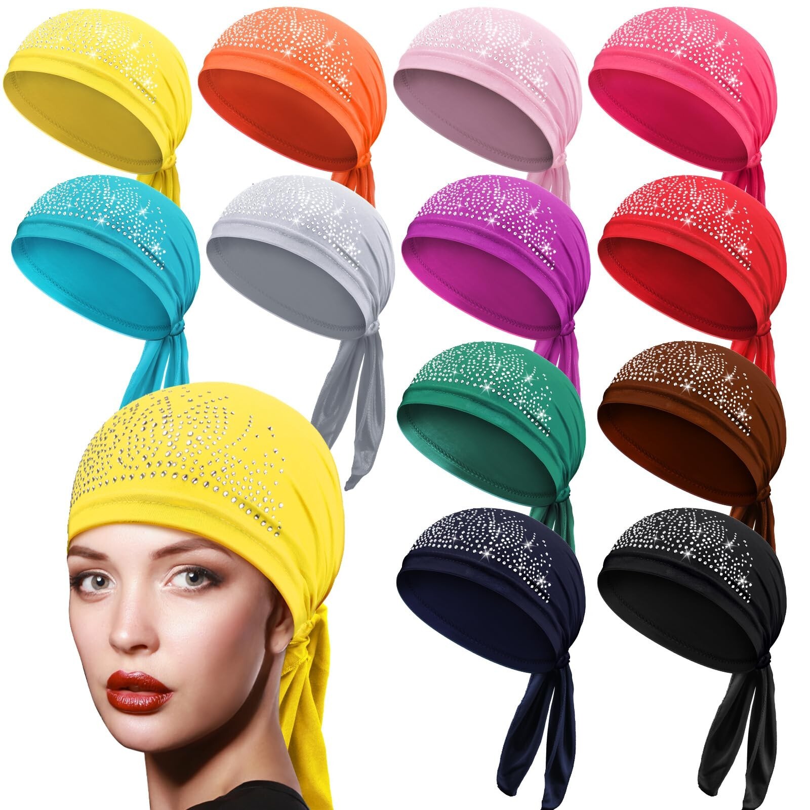Jiuguva 12 Packs Rhinestone Head Scarf Women Stretchy Head Wrap Bandana Beani...