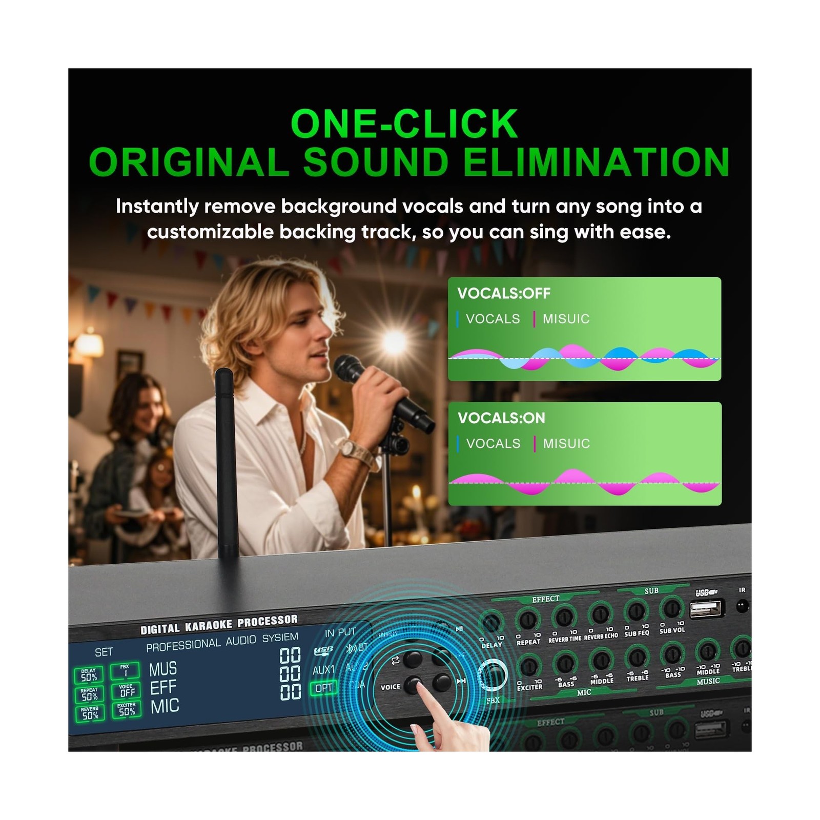 AX-666 Professional Karaoke Processor KTV Mixer with Dual Wireless Microphone...