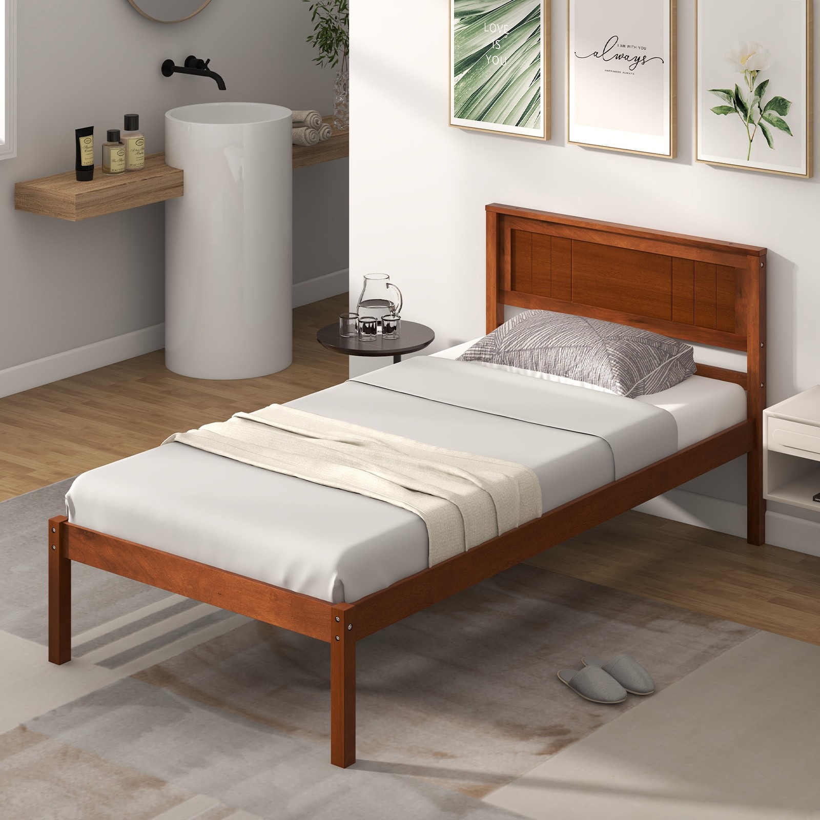 Twin Size Wooden Platform Bed Frame with Headboard Mattress Foundation Walnut