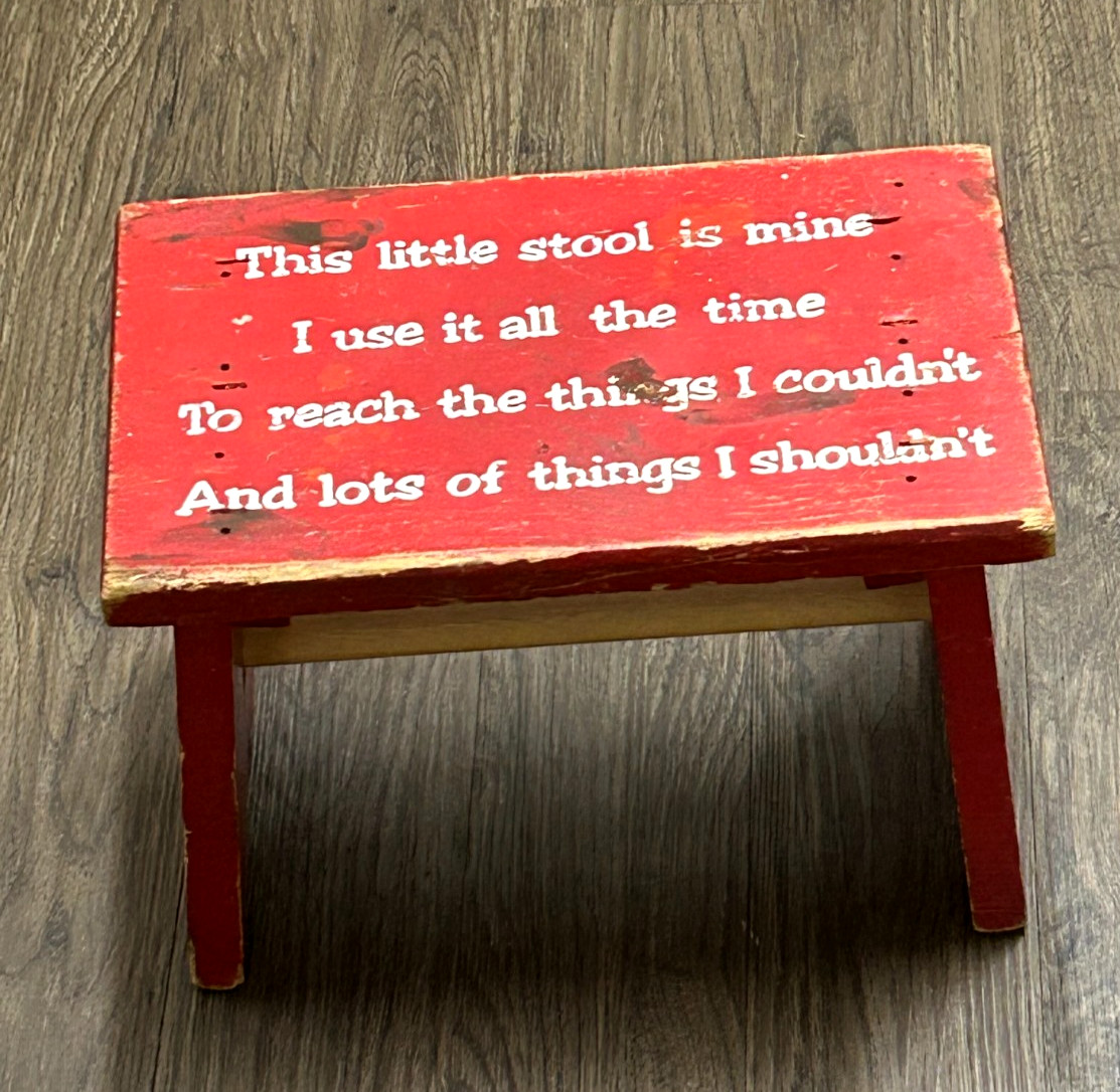 Vintage HAND PAINTED CHILDS STEPSTOOL Red Wooden Kids Stool Riser Bench Chair