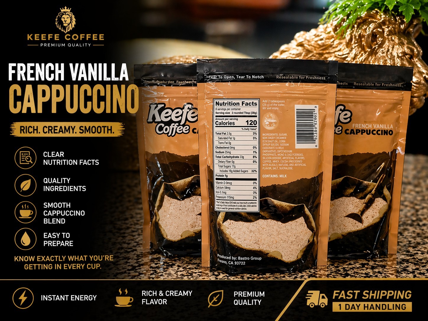 Keefe French Vanilla Cappuccino 3 Pack Instant Coffee Mix Rich Creamy Smooth