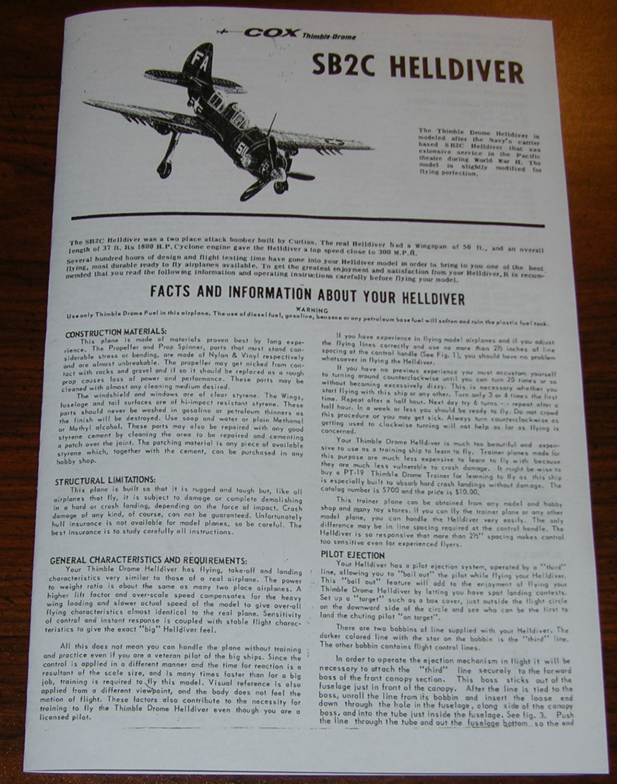 COX THIMBLE DROME .049 SB2C HELLDIVER OWNERS INSTRUCTION MANUAL 049