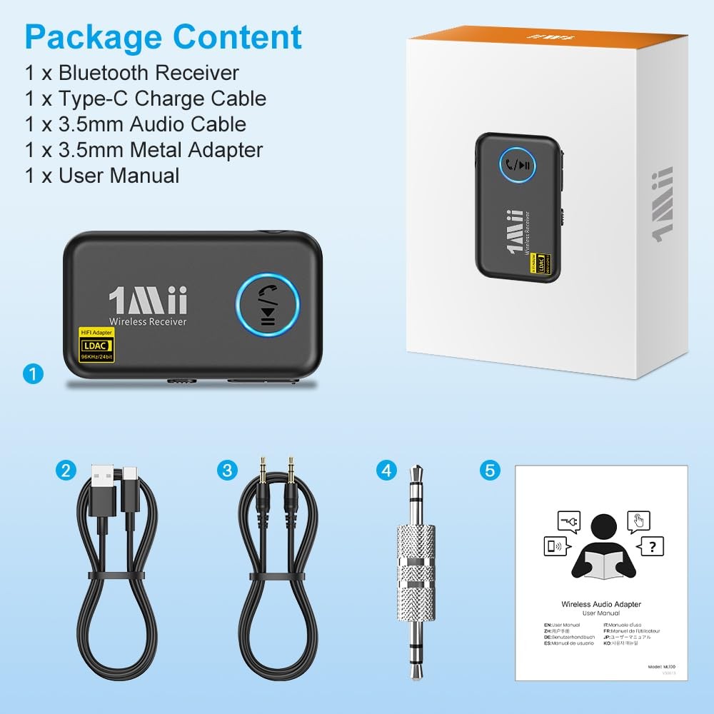 1Mii LDAC Bluetooth Aux Adapter for Car, Wireless Bluetooth 5.3 Receiver with...