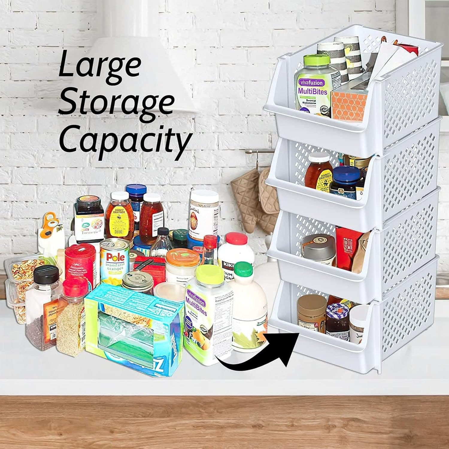 Tidyfriend Stackable Storage Bins for Pantry, 4 Pack Stackable Bins for Organizi