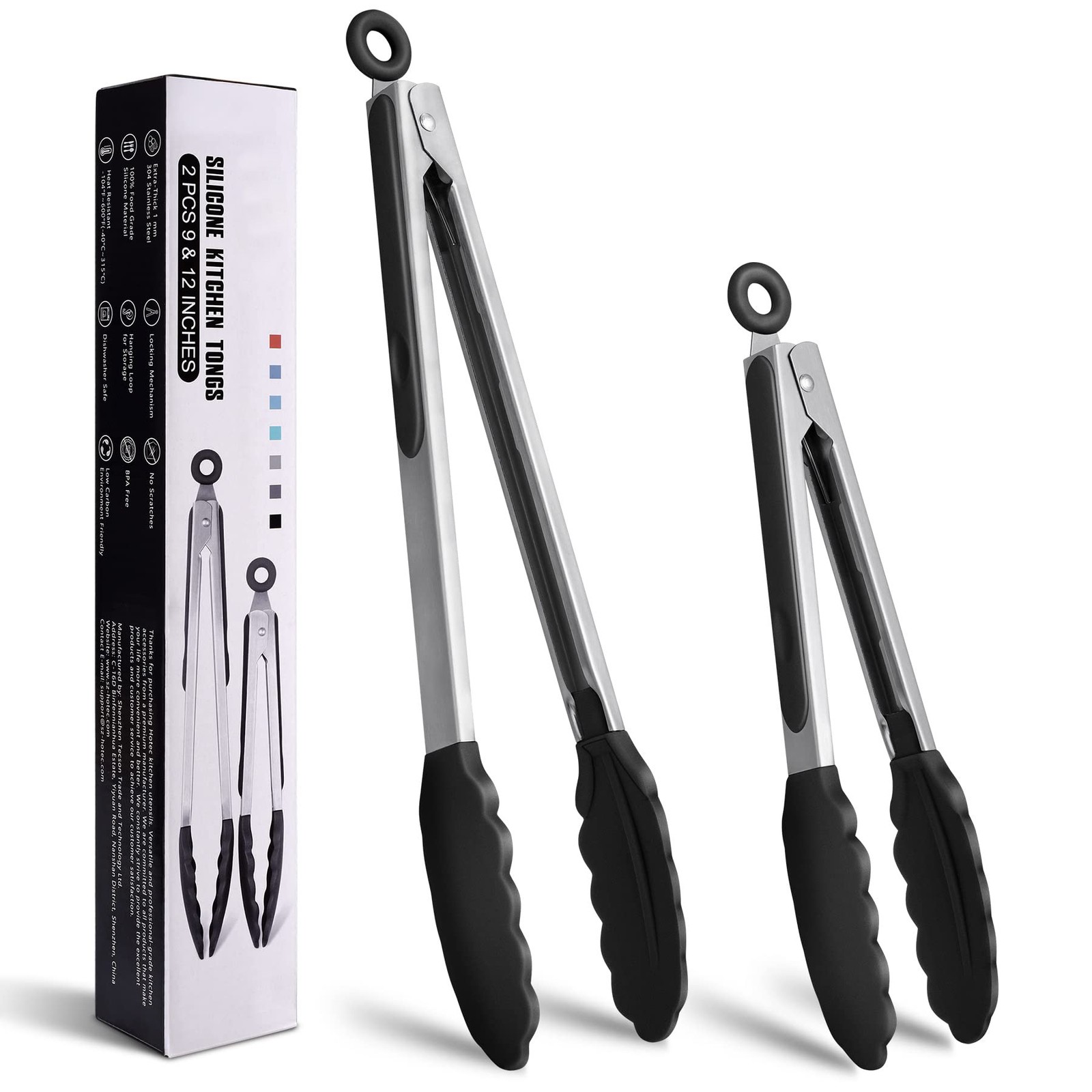 Silicone Tip Tongs, Stainless Steel, Set of 2, 9" and 12", Locking, Black