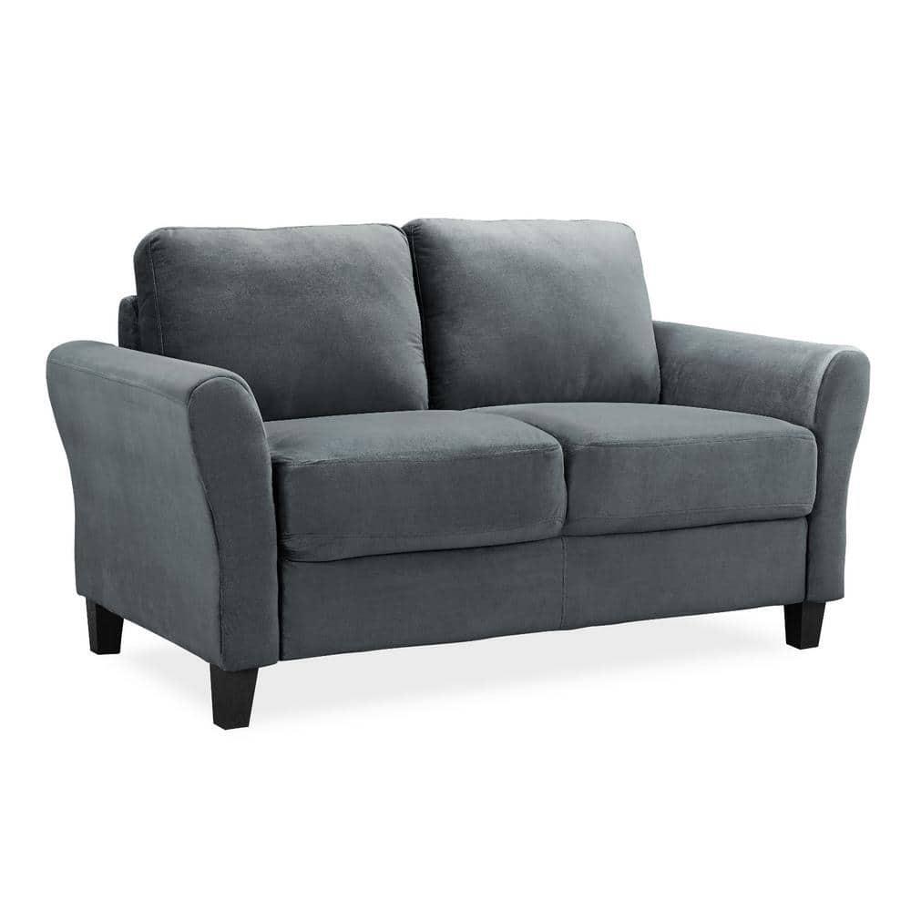 Dark Gray Microfiber Loveseat 31.5" Round Arms 2-Seater Sofa w/ Attached Pillow