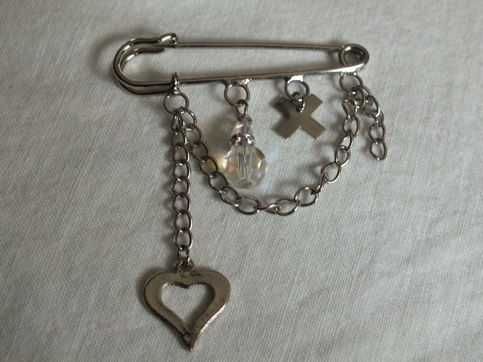 Beautiful Brooch Pin Silver Tone Signed FB ST Dangling Heart Cross Bead Unique