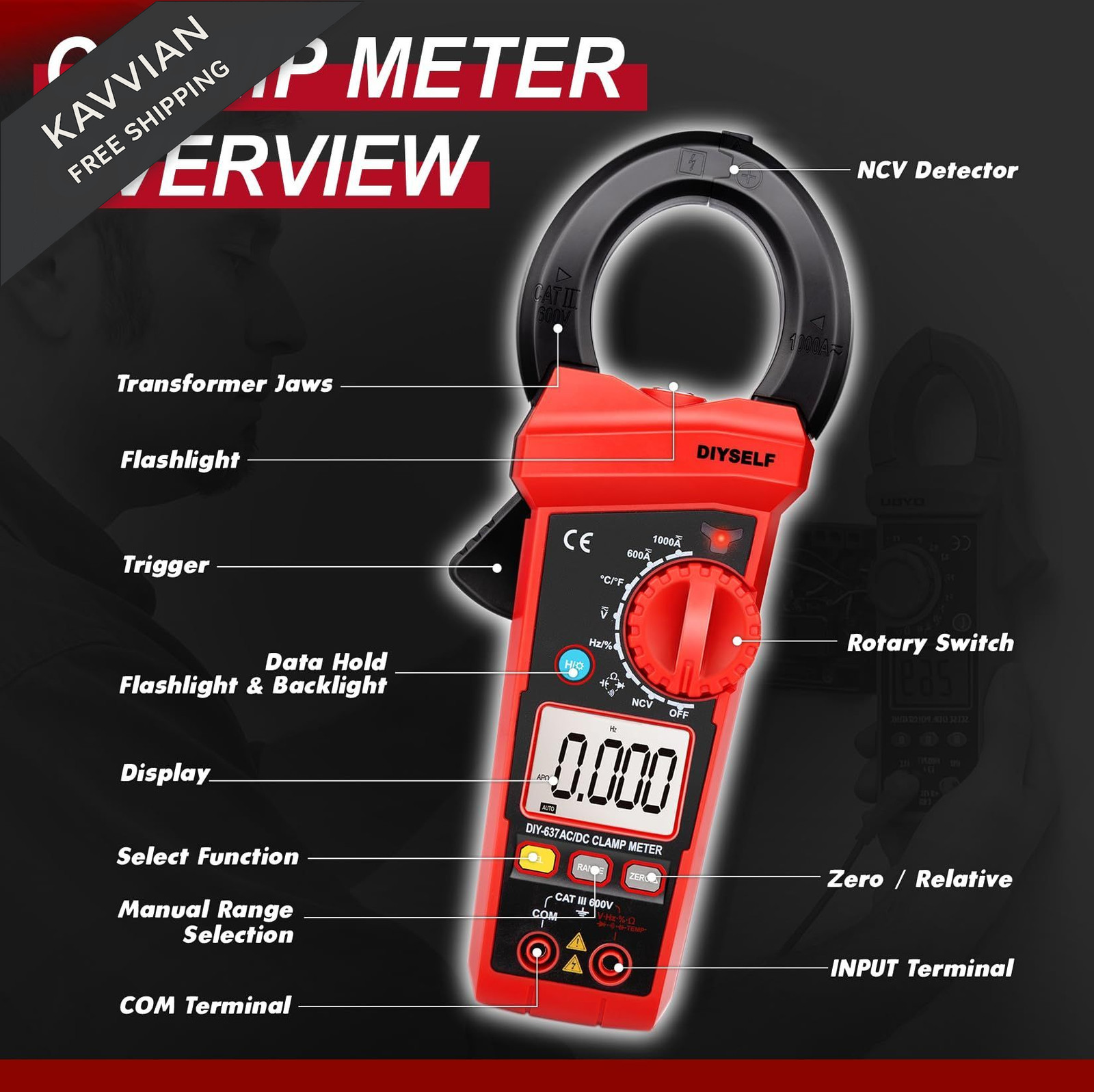 DIYSELF 6000 Counts Digital Clamp Meter, True RMS AC/DC Voltage Compact, Red