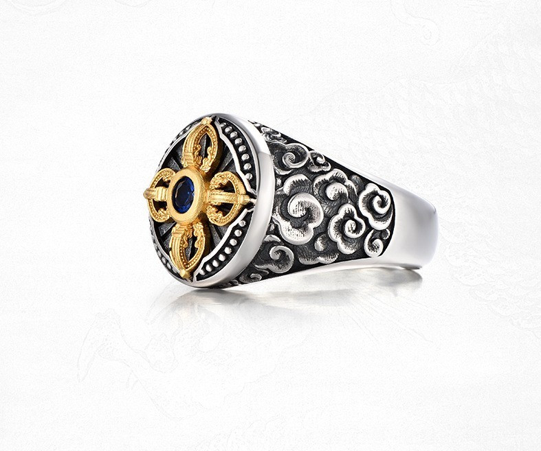 Mens Silver Plated Vajra Wealth Open Ring Fashion Adjustable Ring Jewelry Gift