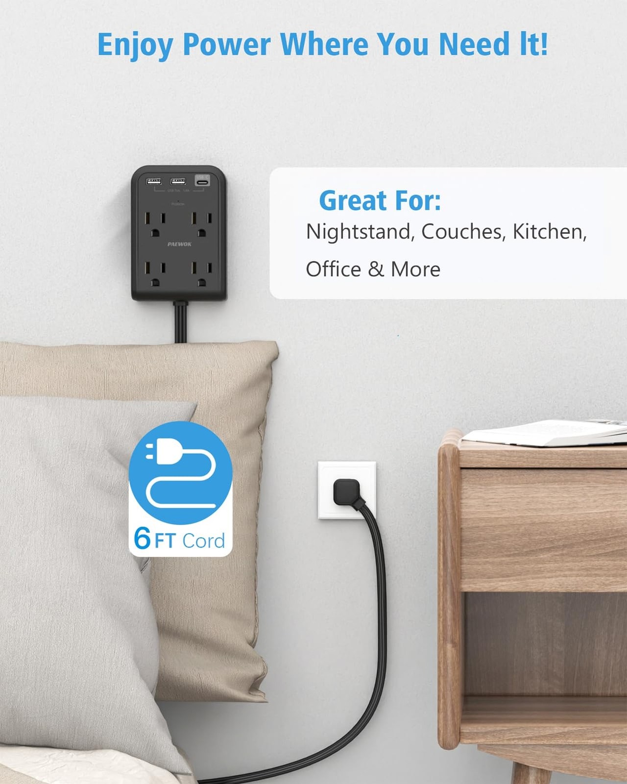 Flat Electrical Outlet Extender with USB C Ports, 4 Outlet 3 USB Wall Plug, 6...